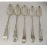 A set of five George III Irish silver fruit spoons with bright-cut engraved stems  Dublin 1801