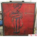 Modern British School - a seated nude  mixed media, in mainly red tones on board  44" x 48"  framed