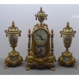 A modern reproduction of a 19thC brass cased, three piece clock garniture; faced by a Roman