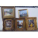 Five modern 19thC inspired oil paintings: to include European street scenes  mixed sizes  framed