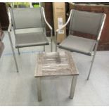 A modern Barlow Tyrie steel and teak patio set  comprising two chairs and a side table  16"h  17"w