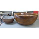 A turned elm bowl  19"dia; and another similar with a lead liner  12"dia