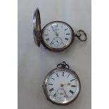 Two silver cased pocket watches, both faced by Roman dials  mixed marks