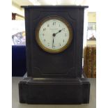 A late Victorian Bulle black slate cased mantel clock; faced by an enamelled dial  15.5"h