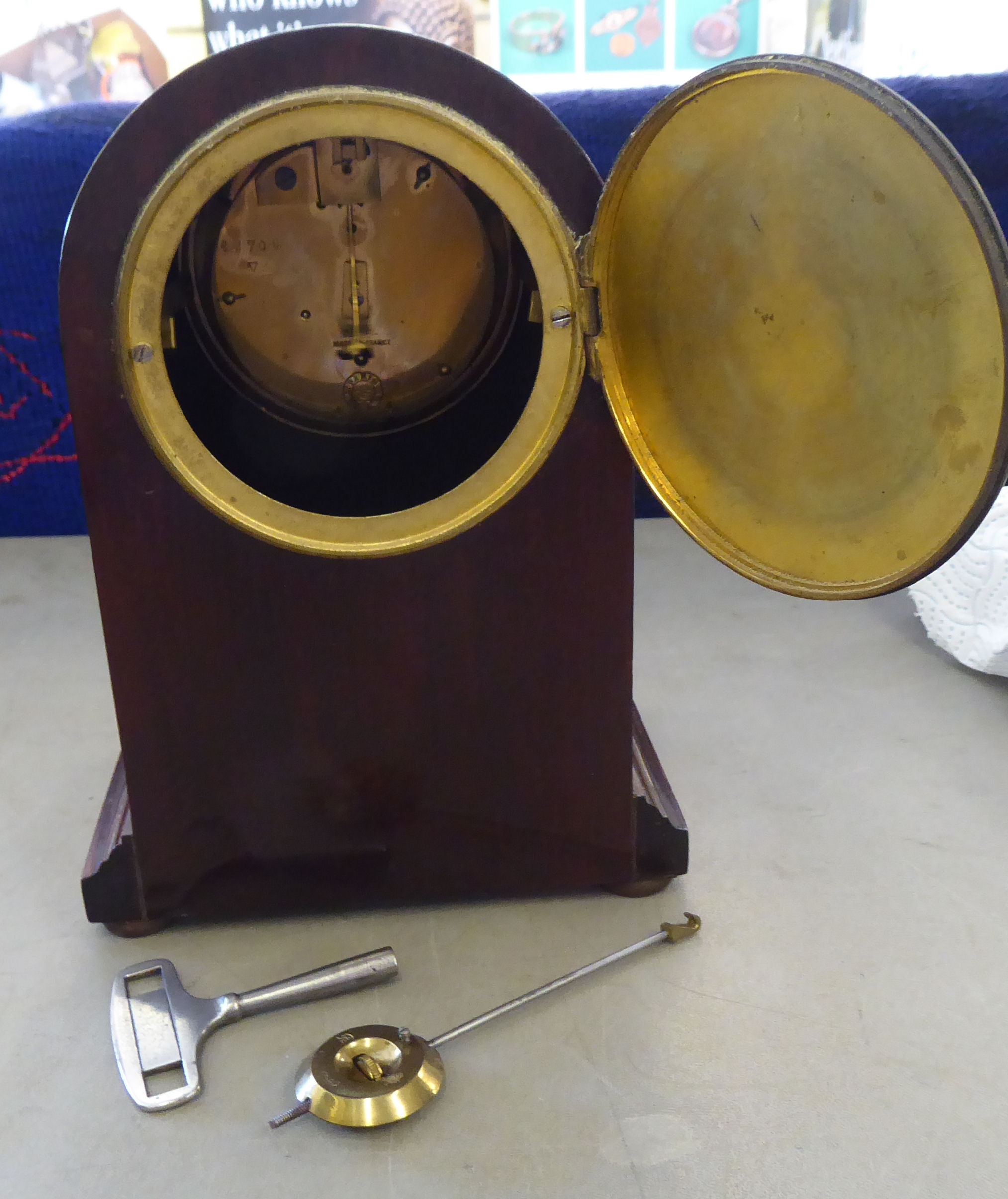 An Edwardian French mahogany cased mantel clock; faced by an Arabic dial  9"h - Image 4 of 4