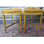 A pair of modern oak butler's tray top design side tables, each with a gallery, raised on square,