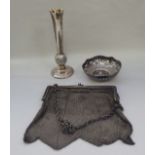 Silver, viz. a shallow bowl; a chainmail purse; and a pedestal vase  5"h  mixed marks