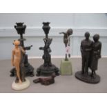 20thC reproductions of iconic period metalware figures: to include an Art Deco inspired dancer  10"h