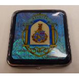 A stainless steel, enamel and butterfly wing effect masonic powder compact with Wharton Lodge No.
