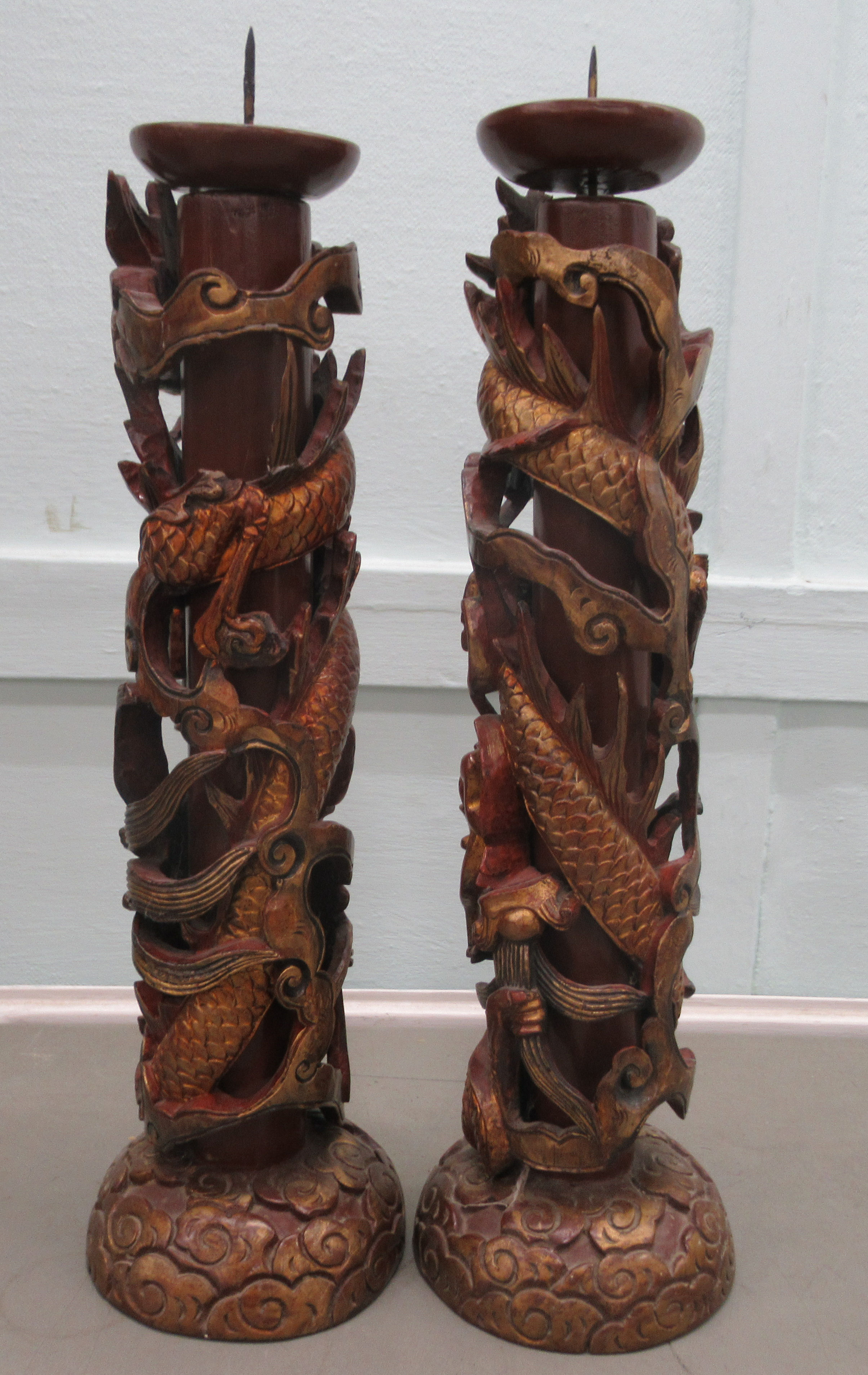 A pair of modern Asian carved softwood and gilded framed pricket candlesticks  18"h - Image 2 of 3