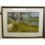 S Andrews - a man fishing with his dog on a river bank  watercolour & gouache  bears a signature