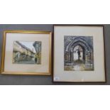 Two framed works by Patricia Butt - a street view in Warwickshire  6.5" x 8" and 'Deans Yard,