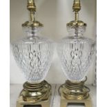 A pair of cut lead crystal table lamps with brass mounts  16"h