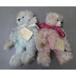 Two Ochiltree Teddy bears, in pale blue  12"h the other soft pink  12"h