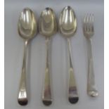 Three dissimilar 18thC silver tablespoons; and a later dessert fork  mixed marks