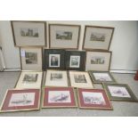 Fifteen framed Continental scenes  etchings, engravings & prints  largest 3" x 6"