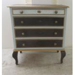 A 20thC painted and gilded four drawer chest with knop handles,  raised on cabriole legs  29"h  24"w