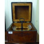 A late 19thC Continental inlaid satinwood tabletop, twin handled, box tantalus, the hinged lid