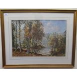 John Arthur Dees - a woodland lake scene  gouache  bears a signature  14.5" x 21.5"  framed