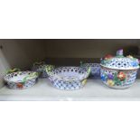 Modern Dresden china ornaments, decorated in colours with encrusted and painted flora and