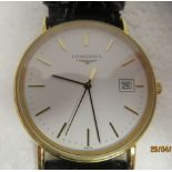 A Longines gold plated/stainless steel cased wristwatch, the quartz movement faced by a gilded baton