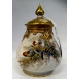 A Royal Worcester china bulbous pot pourri jar and cover, decorated with two finches and gilding