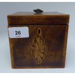 A 19thC satinwood string inlaid mahogany and marquetry tea caddy of rectangular box design, the