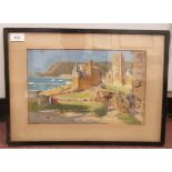 Authur E Martin - an Edwardian North of England seaside view towards the town and pier  watercolour