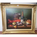 Raymond Campbell - a still life study of seafood and Champagne  oil on canvas  bears a signature