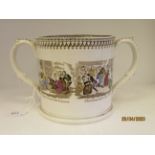 A 19thC J & RG Pickwick china twin handled mug, decorated in colours with four interior Dickensian