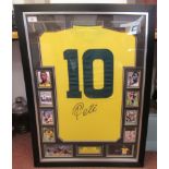 A Pele No.10 Brazil tribute football yellow shirt, bears a handwritten signature and certificate