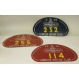 A series of three vintage printed aluminium London Motor Club, London Rally entrants' car badges,