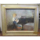 Margery A Ryeson - a little girl at a piano  oil on board  bears a signature & label verso  15.5"