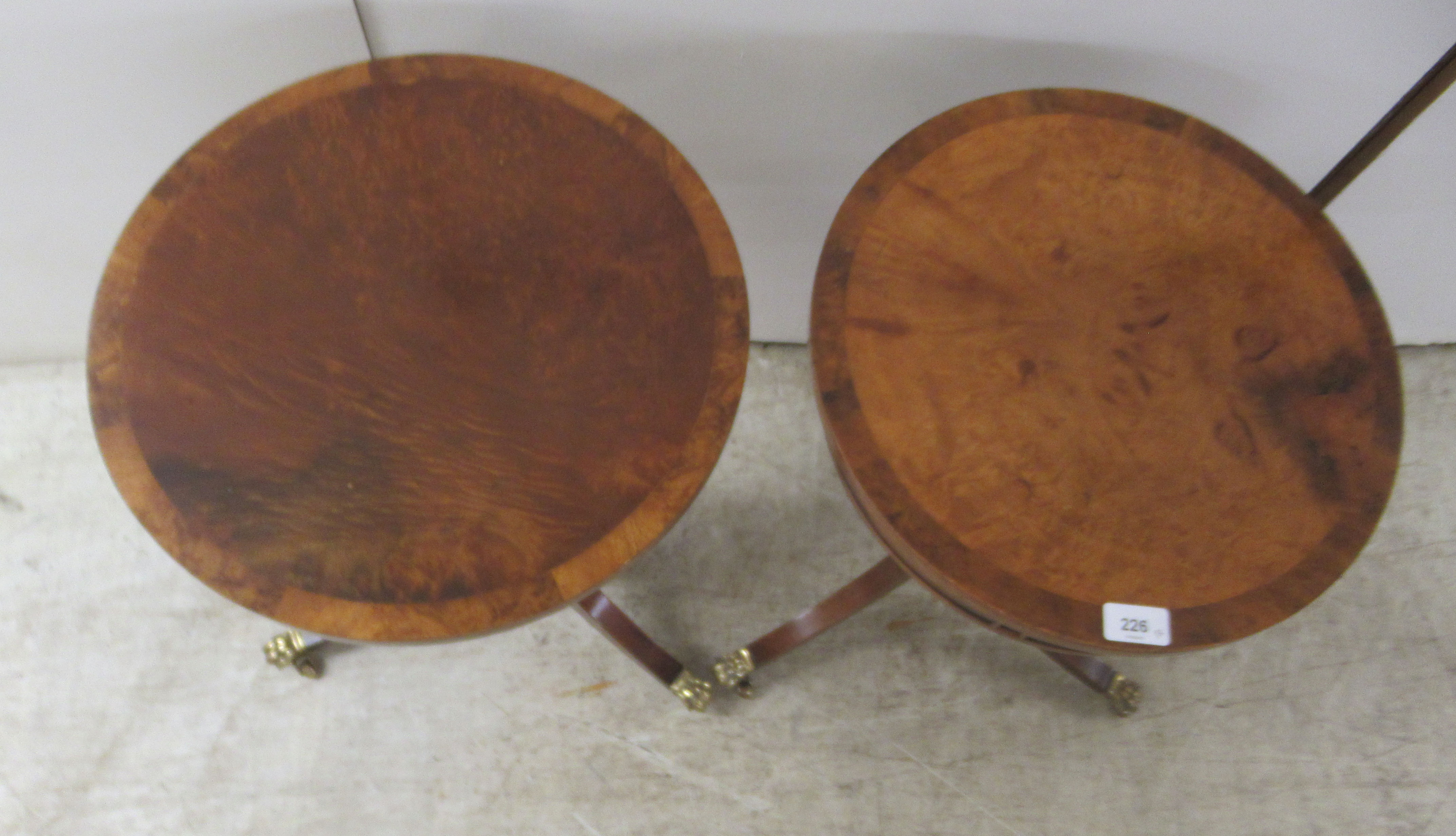 A pair of Brights of Nettlebed mahogany and walnut finished lamp tables, each with a frieze - Image 2 of 5