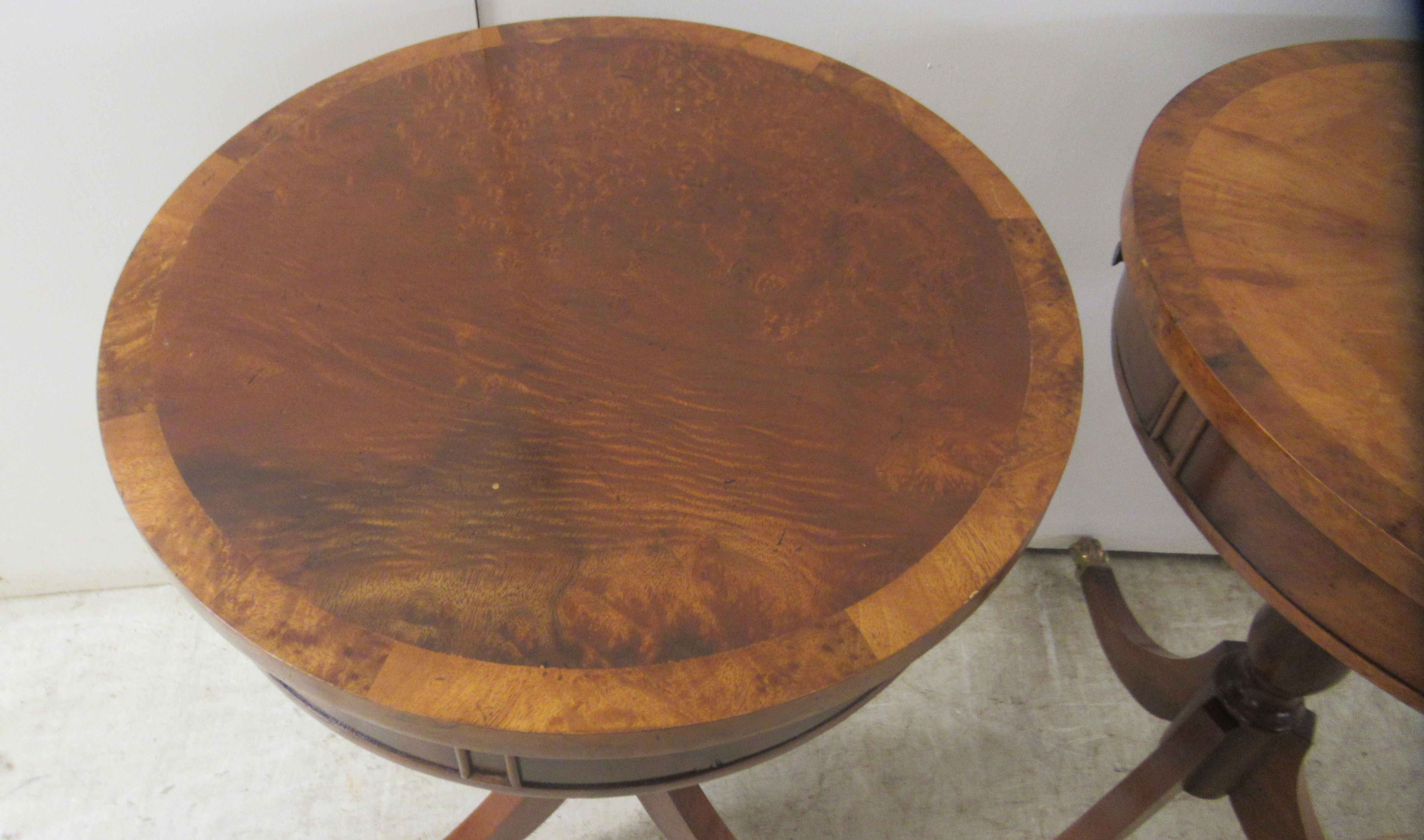 A pair of Brights of Nettlebed mahogany and walnut finished lamp tables, each with a frieze - Image 5 of 5