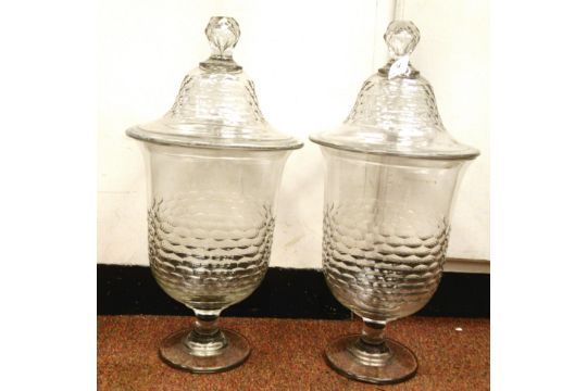 A pair of 19thC design, clear cut glass pedestal vases of inverted bell design with covers and - Image 1 of 6