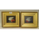 R Berger - two still life studies, fruit beside a bowl  oil on panels  bearing signatures  4.5" x