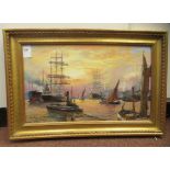 Barry Mason - 'Dawn on The Thames circa 1890'  oil on board  bears a signature  12" x 20"  framed