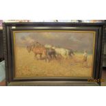 KC Laurence - a farmer with his team of four draft horses ploughing a field  oil on canvas  bears