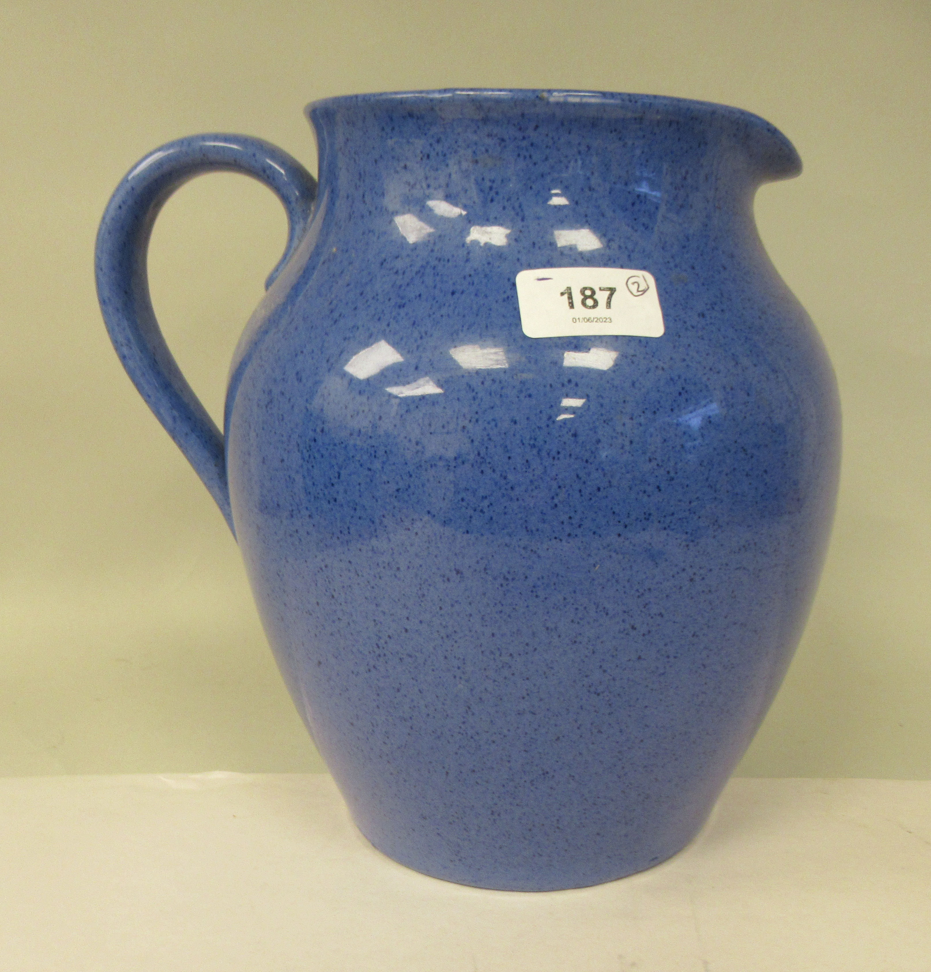 A Moorcroft speckled blue glazed pottery ewer of bulbous form with a loop handle  10"h; and a - Image 3 of 4