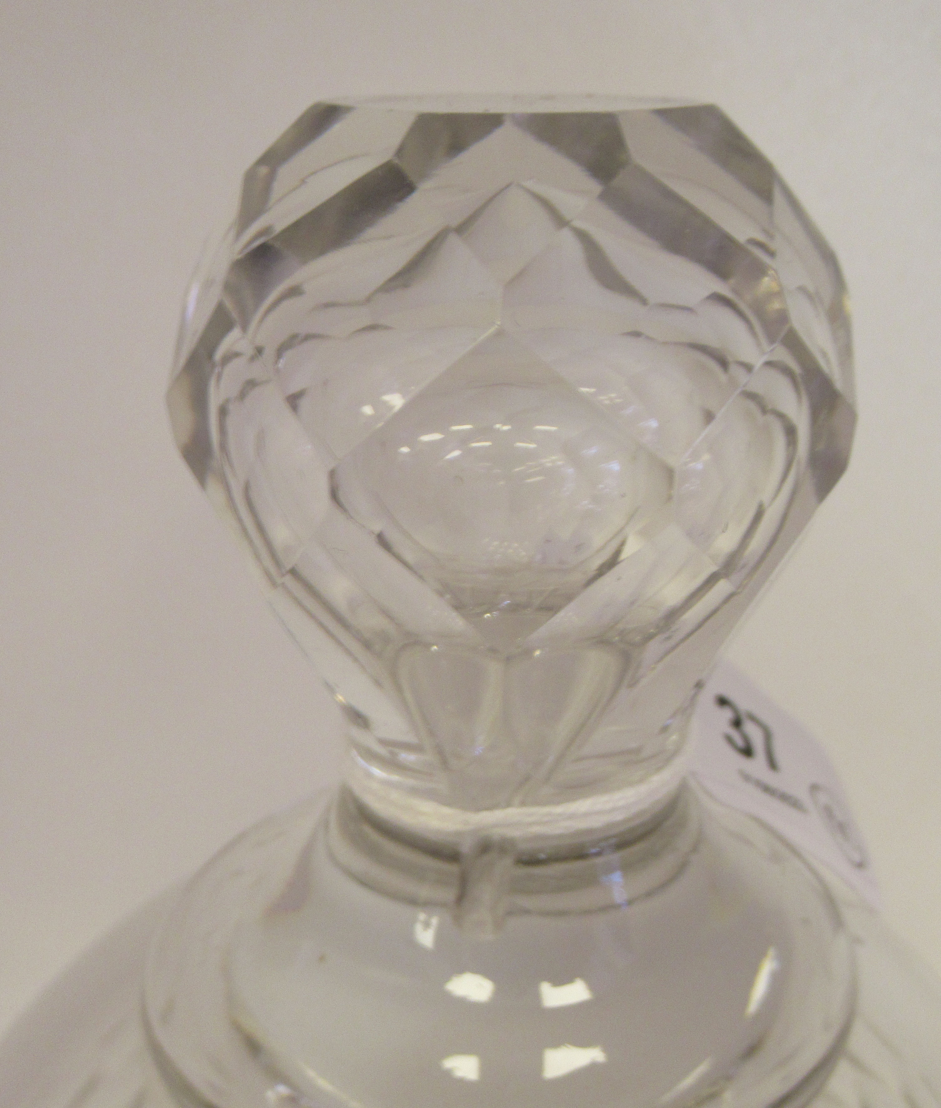 A pair of 19thC design, clear cut glass pedestal vases of inverted bell design with covers and - Image 3 of 6