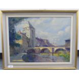 Augustus William Ennes - a city riverscape  oil on panel  bears a signature  14" x 19"  framed