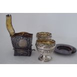 Silver items, viz. a pair of cast and pierced pedestal egg cups; a sedan chair design trinket box