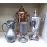 19thC domestic metalware: to include a silver plated samovar  15"h; and a pair of pewter pedestal