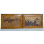 A pair of Spindler marquetry picture panels  bearing signatures  7" x 11.5"  framed