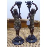 Two modern Victorian Grand Tour inspired, overpainted cast iron Egyptian design figural candlesticks