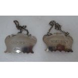 A pair of silver wine labels, on chains, for 'Sherry' and 'Whisky'  London 1977