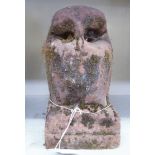 A carved weathered stone model, a seated owl, on a plinth  12"h