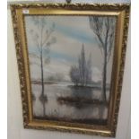 A lake scene with trees  oil on canvas  31" x 23"  framed