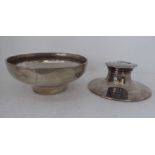 A silver bowl of ogee form  Birmingham 1919  6"dia; and a capstan style inkwell with a hinged lid